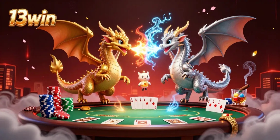 Experience thrilling casino action at 13win with intertwined dragons and poker elements.