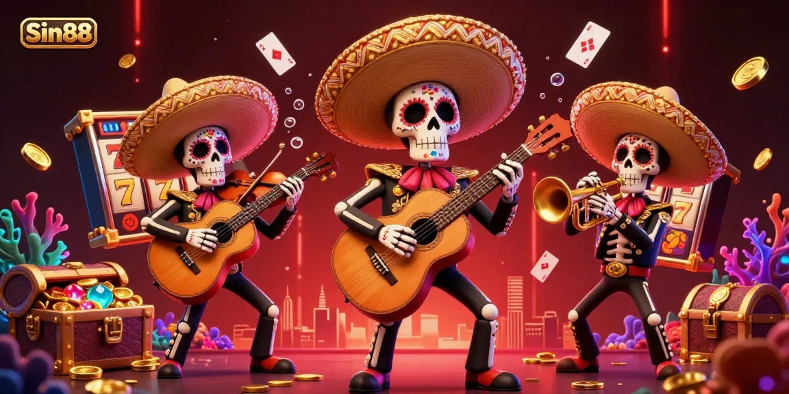 Experience Sin88's vibrant casino atmosphere with lively mariachi band and dynamic slot game elements.