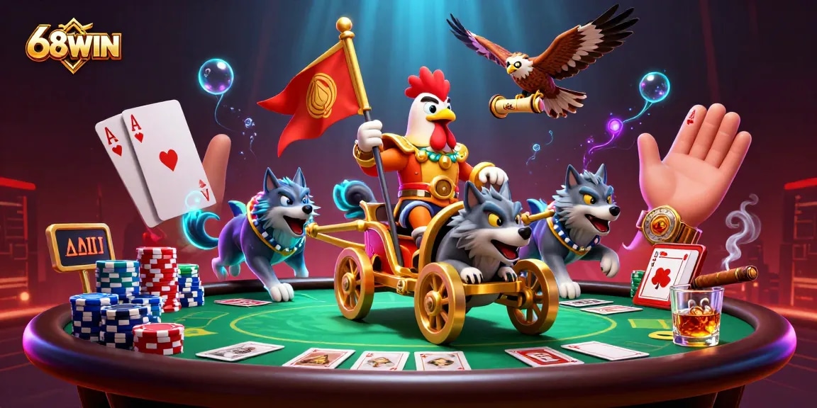 Engage with thrilling gaming adventure at 68WIN, showcasing dynamic rooster warlord with poker elements and vibrant casino ambiance.