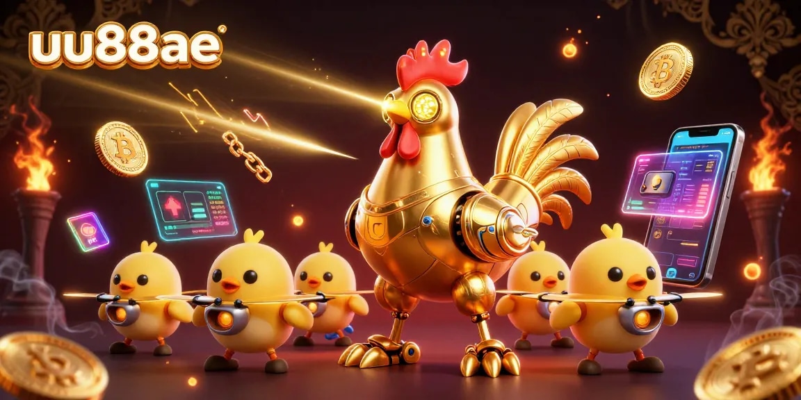 uu88ae showcases an energetic casino scene with a golden rooster robot amidst crypto coins and vibrant game elements.