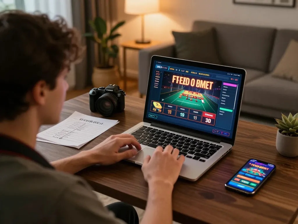 Engaging in online gaming at home with RR88 KJC on laptop, showcasing strategic notes and betting app.