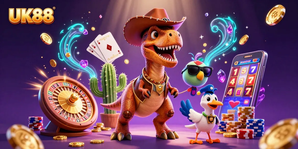 Experience the excitement of UK88 with thrilling gameplay and vibrant casino elements in this 3D digital art.