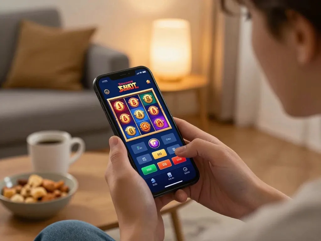 Engaging mobile gaming experience with uu88 app displayed on smartphone in cozy home setting.