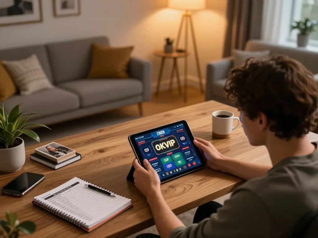 Person engaged with the CM88 OKVIP app for online gaming, showcasing dynamic gambling atmosphere
