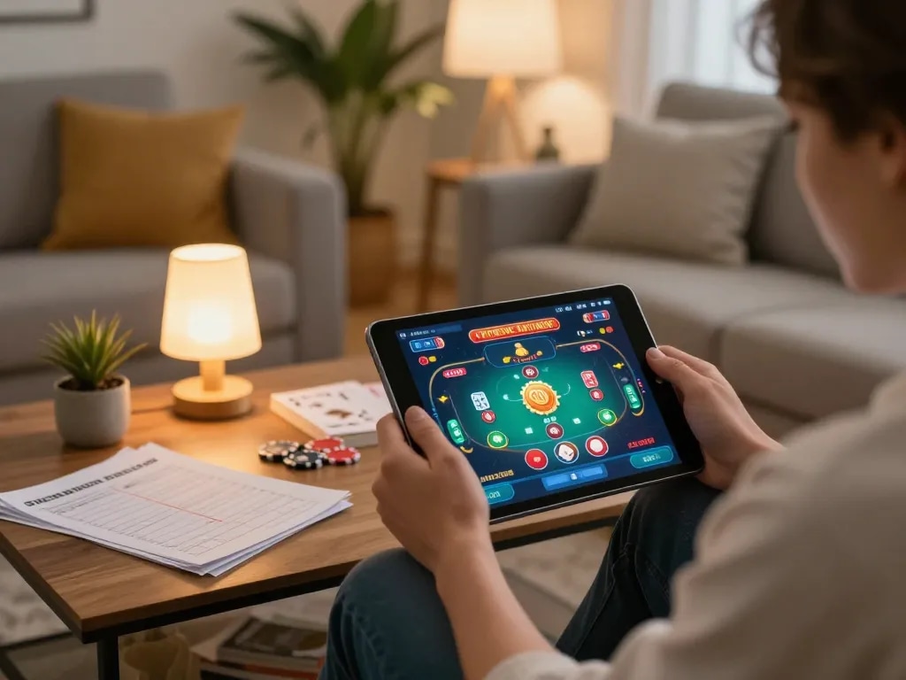 Engaging in online casino gaming on a tablet while exploring link xo88 for better betting strategies.