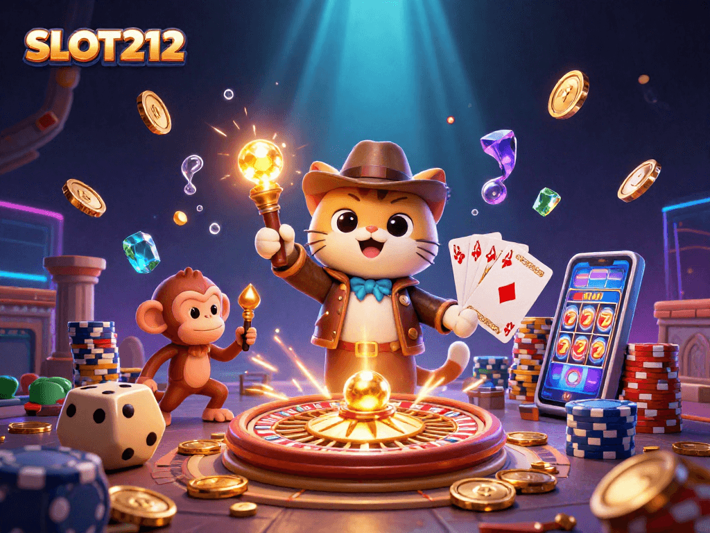 SLOT212 engages players with a thrilling adventure featuring a cat archaeologist and monkey companion in a gold-laden casino setting.