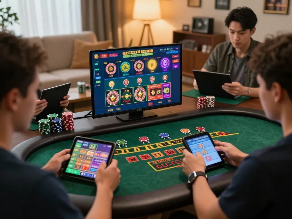 An enthusiastic player engaging with 789Club games on a mobile device in a cozy home setup.