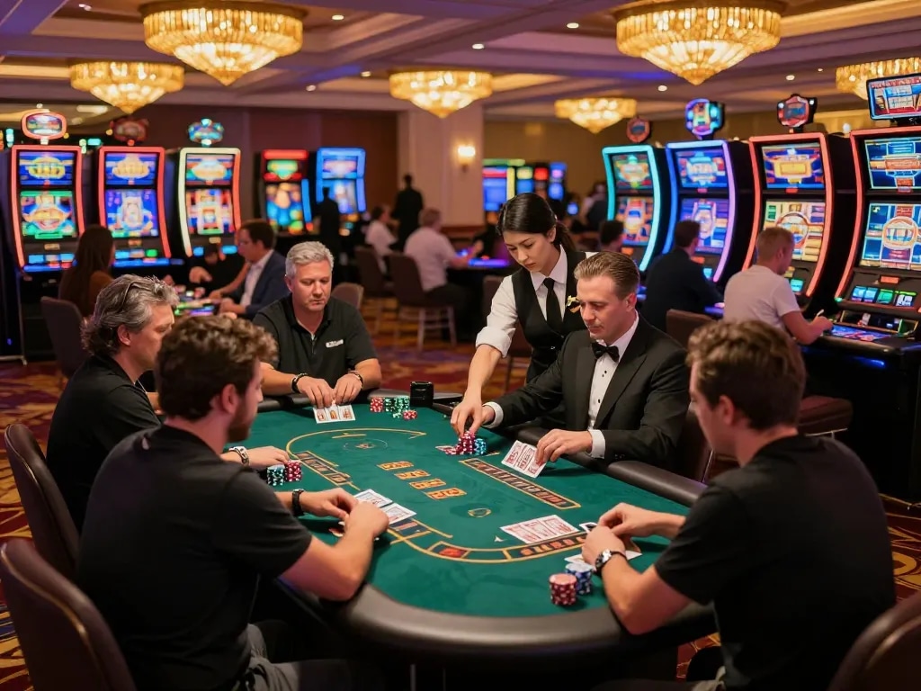 Engaging players at VK88 blackjack table strategizing their next moves amid a bustling casino floor