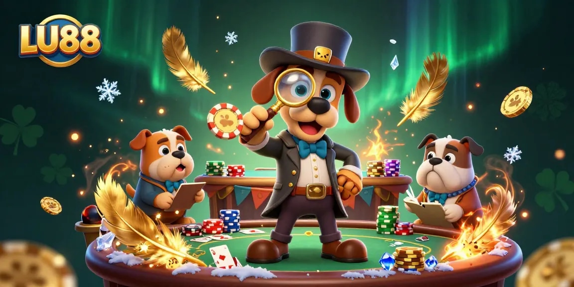 LU88 players win big at the poker table, surrounded by dynamic casino elements and vibrant atmosphere.