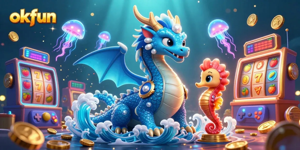 Spin and win with okfun's vibrant casino-themed illustration showcasing a dragon and slot machines.