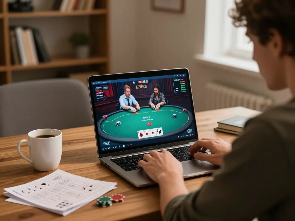 Engaging player strategizing at home on 88aa trang chủ poker game interface, cozy and focused ambiance.