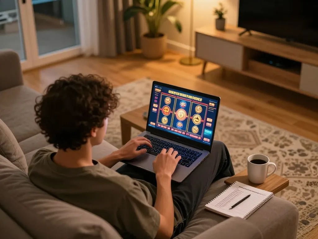 Engaged player exploring nhà cái tt88 online slots in a cozy home setup, showcasing a strategic approach to gaming.