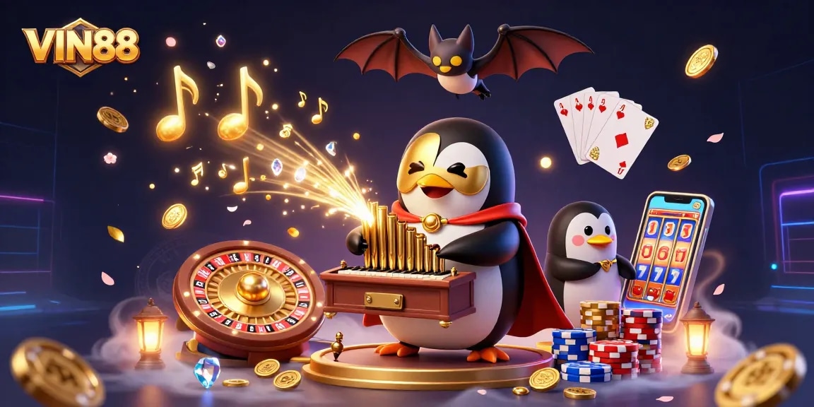 Engaging illustration showing VIN88 penguin character enjoying casino games with coins and prizes around.
