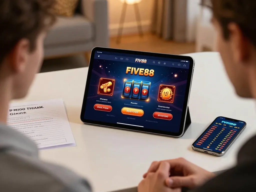 Engaging player using the FIVE88 mobile app for online casino gaming in a cozy home environment