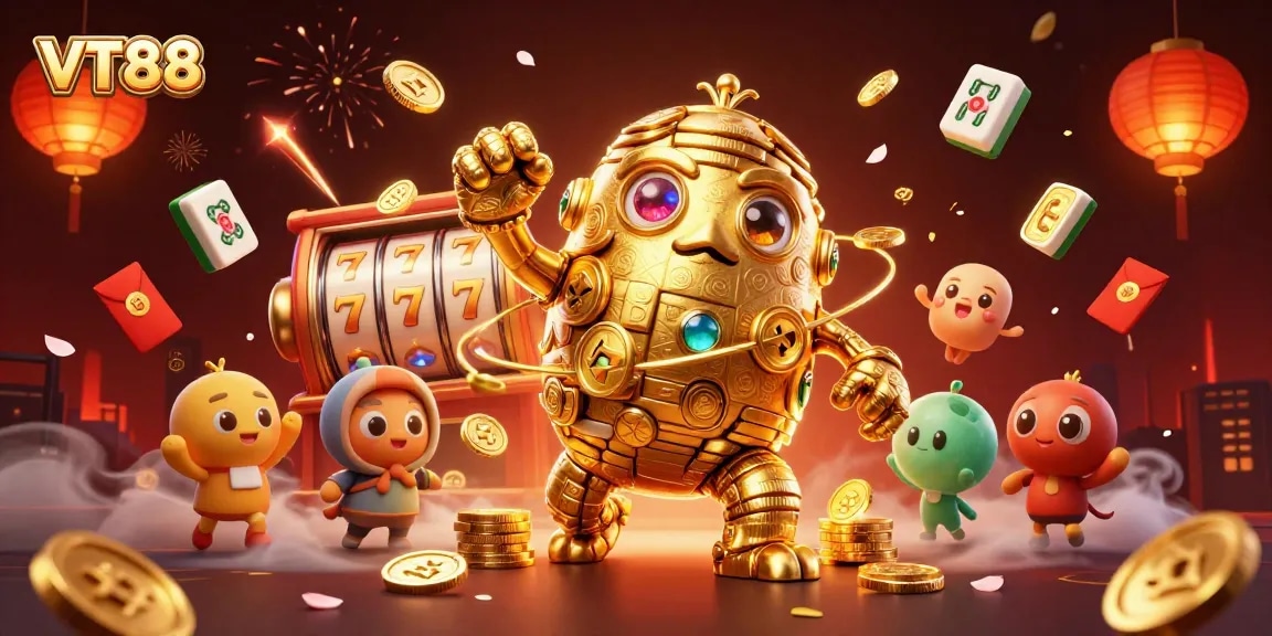Experience the excitement of VT88 as a golden golem and slots fill the vibrant casino scene.