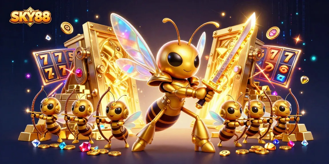 Engage in SKY88's vibrant casino experience with treasures, slot reels, and dynamic characters.