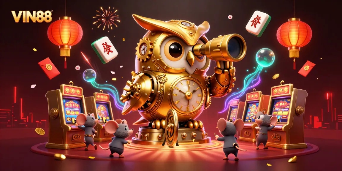 Win big with VIN88 at the casino, featuring a magical golden owl and vibrant slot machines.