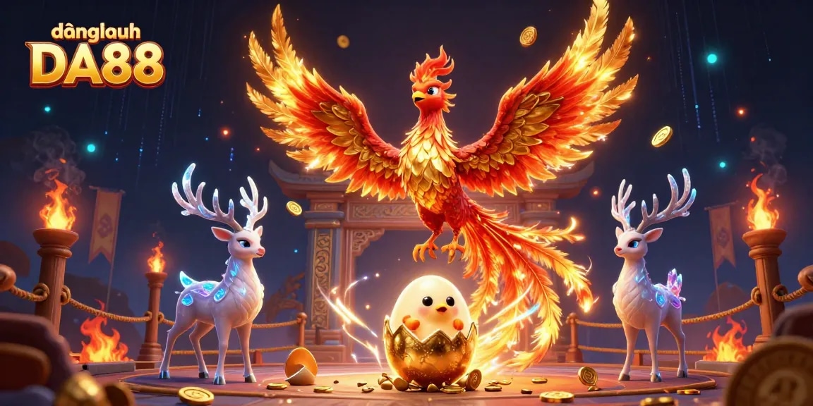 Engage with đăng nhập DA88 in a vivid casino scene featuring a phoenix, golden egg, and stag.