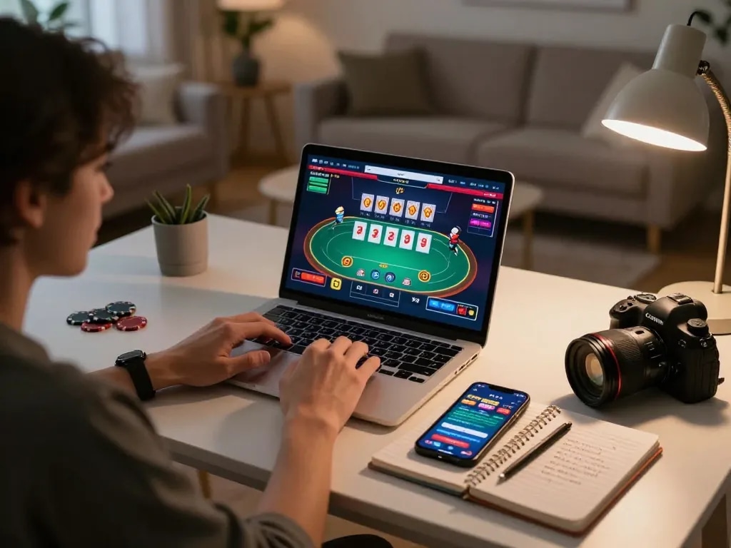 Engaging online gameplay at home with May88 app, showcasing strategic betting and cozy surroundings.