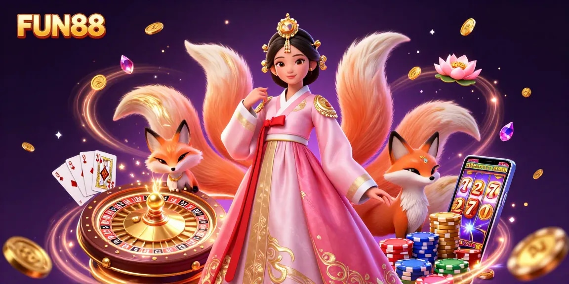 Experience FUN88 with a vibrant display of casino excitement, featuring a joyous Asian woman and a lucky fox.