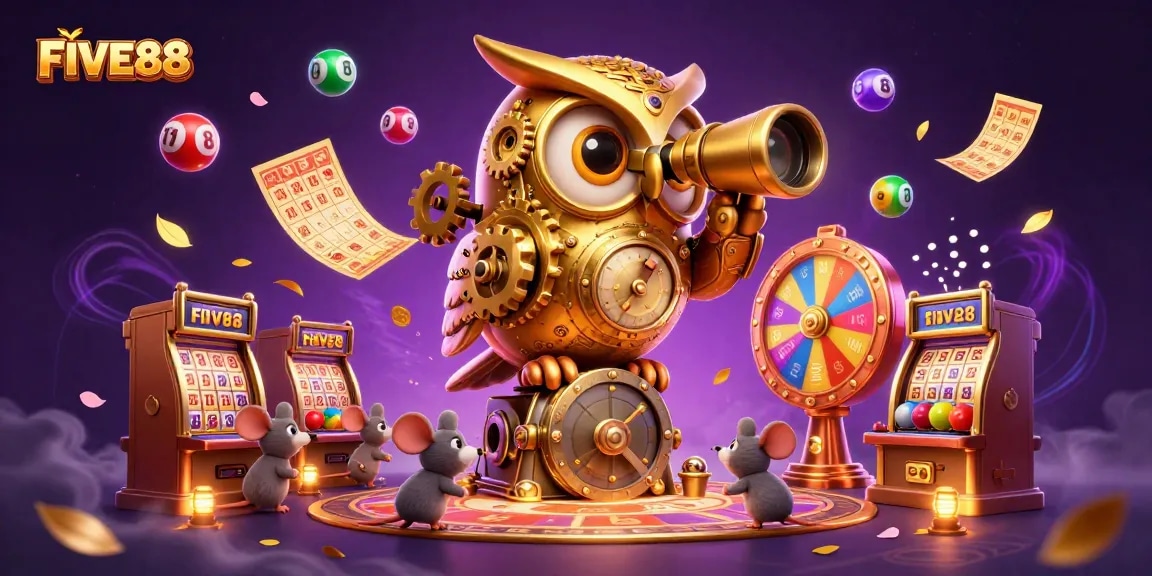 Engage with the vibrant gaming world of FIVE88, featuring colorful lottery elements and an enchanting casino atmosphere.