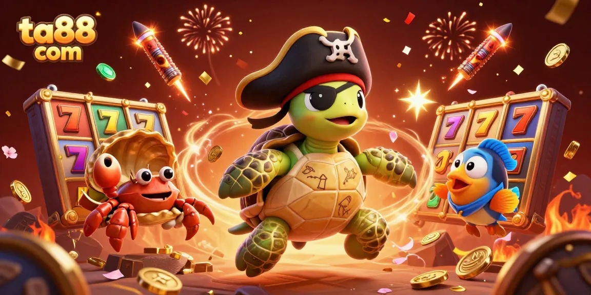 Engage in thrilling gameplay on ta88 com, with a vibrant 3D illustration of a pirate turtle, lucky slots, and gold treasures.