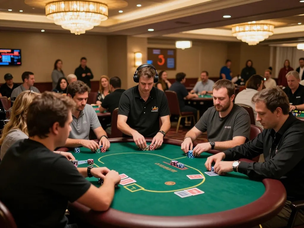 Players engaged at a poker table celebrating a 33 win in a bustling casino environment.
