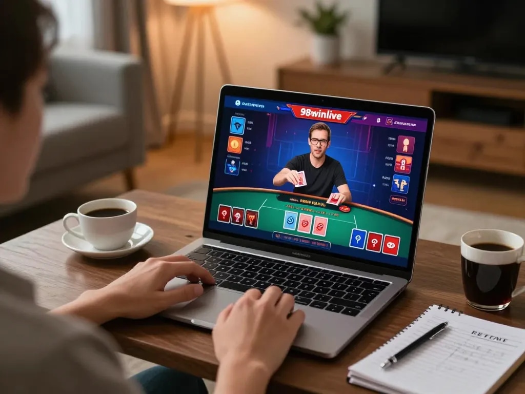 Engaging with live dealer games on 98winlive in a cozy home setup.