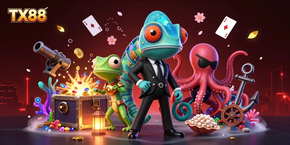 Immerse in the vibrant TX88 casino experience, showcasing colorful characters and thrilling gaming elements.