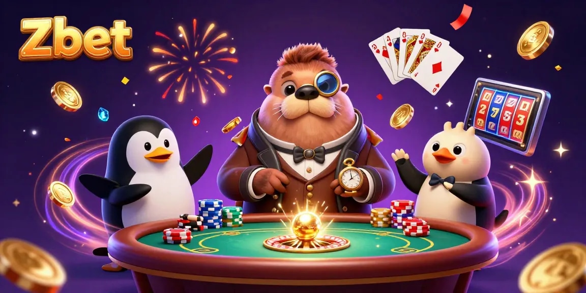 Zbet showcases a jolly walrus at a poker table with sparkling gems, golden coins, and festive confetti.