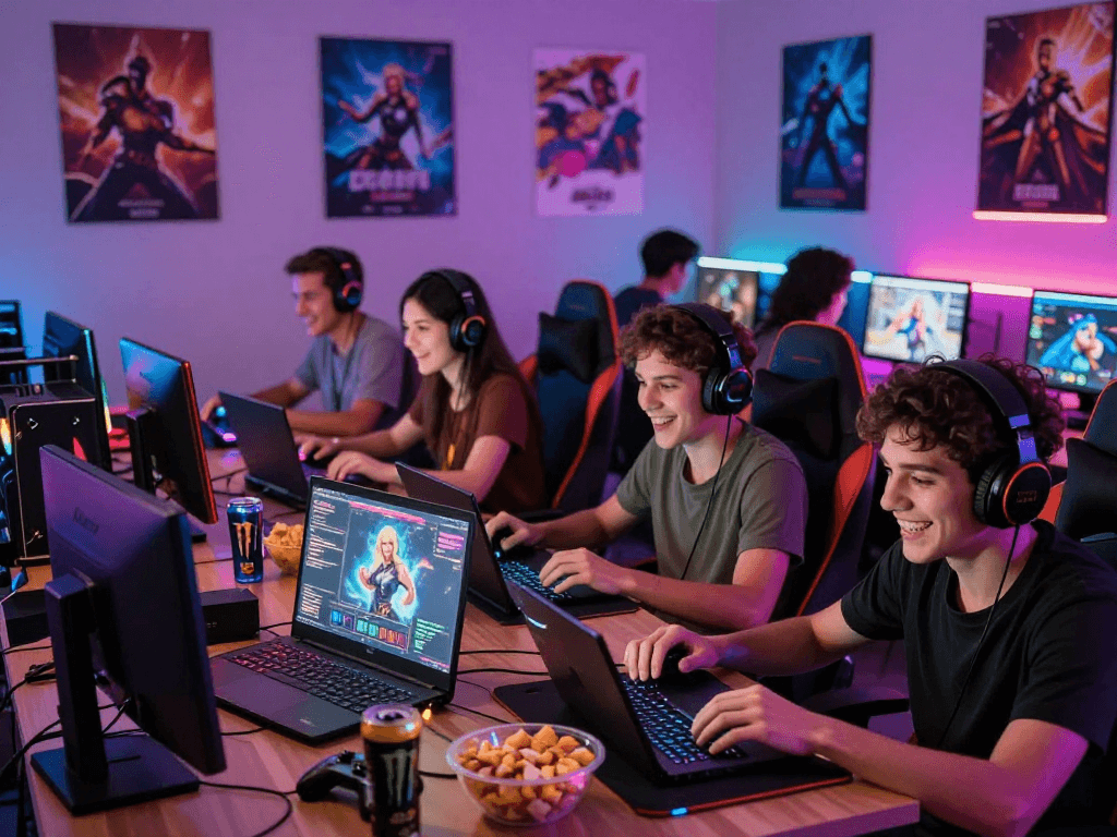 Exciting gaming scene featuring transformation porn games with diverse players engrossed in gameplay.