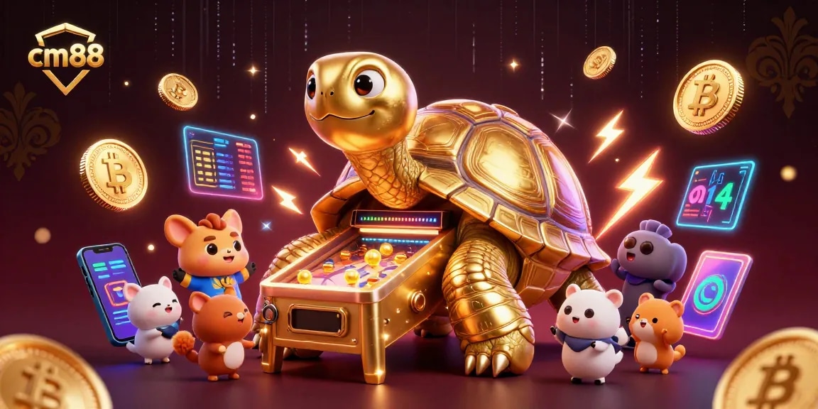 Engage in thrilling cm88 casino fun with a vibrant 3D illustration of a golden tortoise pinball machine.