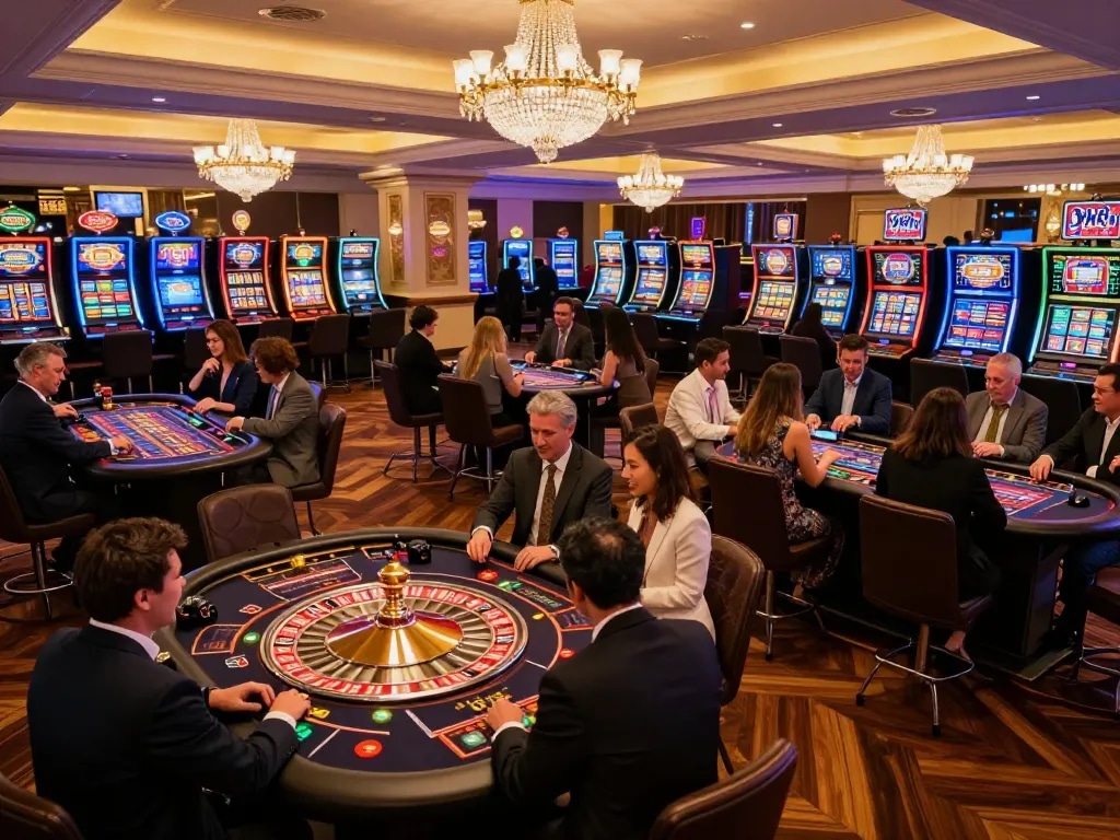 Casino 98win players engaging at gaming tables with a lively atmosphere and elegant decor.