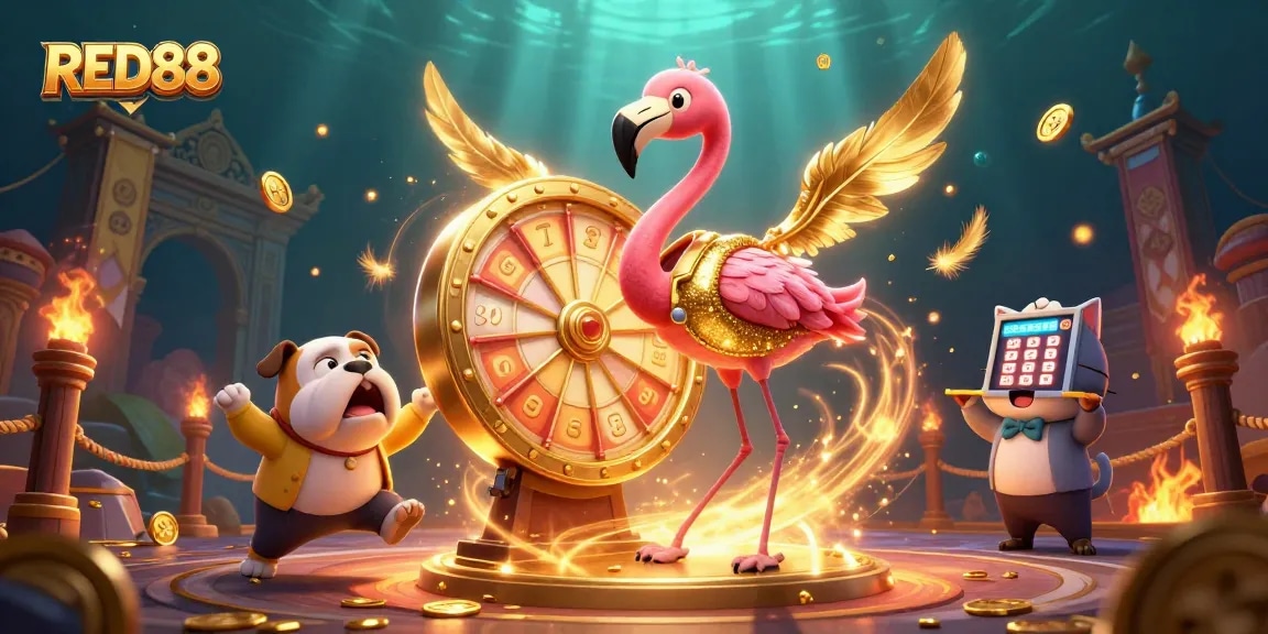 Engaging RED88 scene with a game host flamingo, bulldog contestant, and cat assistant showcasing vibrant gambling excitement.
