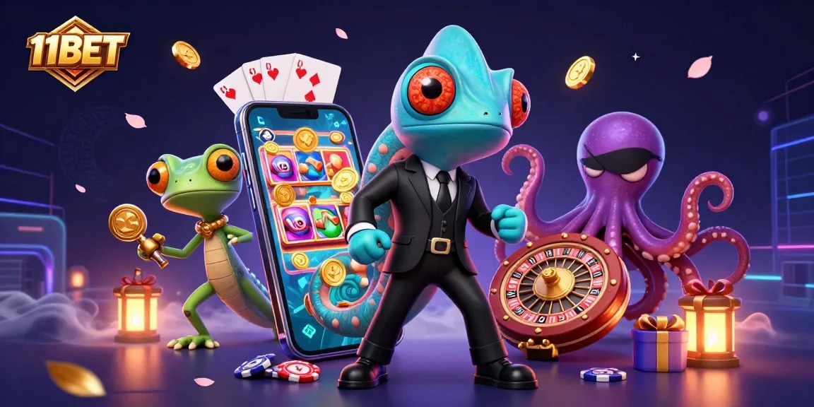 Experience 11BET with a thrilling 3D illustration featuring casino games and vibrant characters.