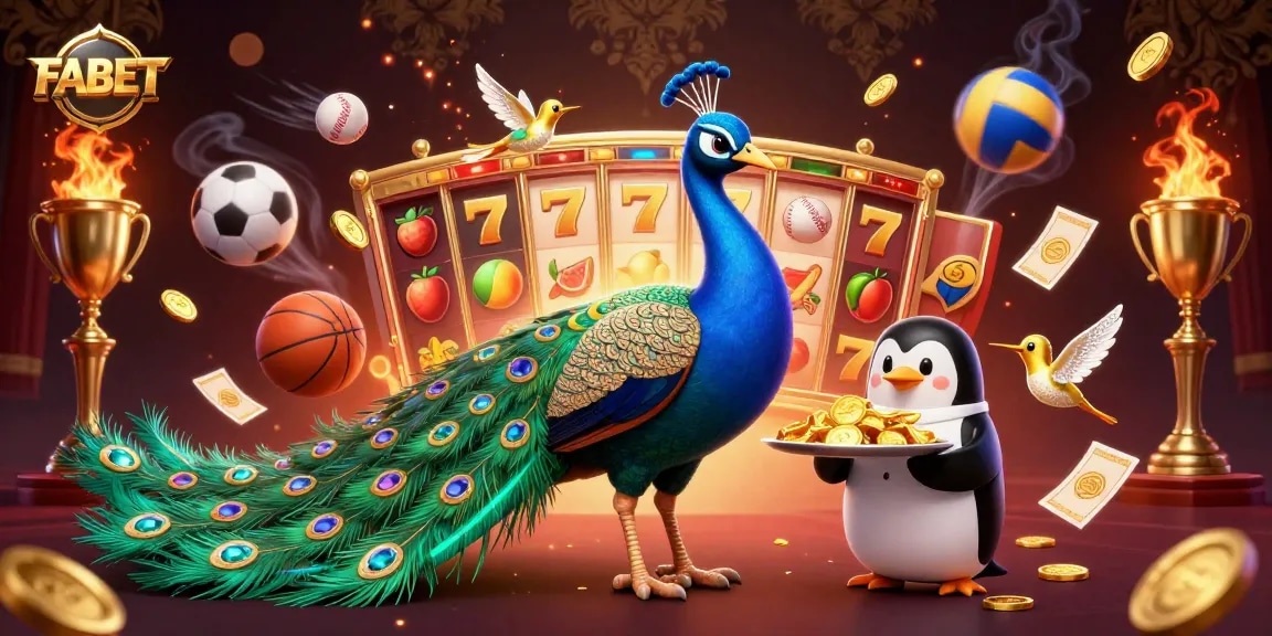 FABET showcases vibrant gaming excitement with a peacock, penguin, and hummingbird in a dynamic casino scene.