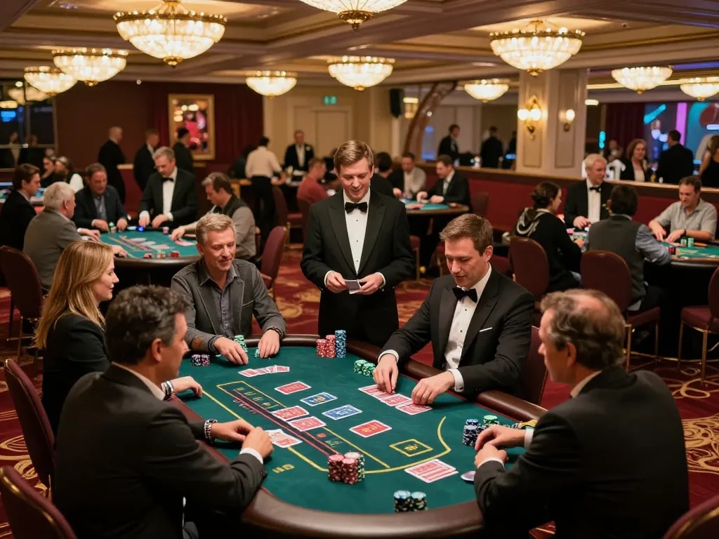 Experience intense blackjack action at BCX88's premier casino floor with players strategizing.