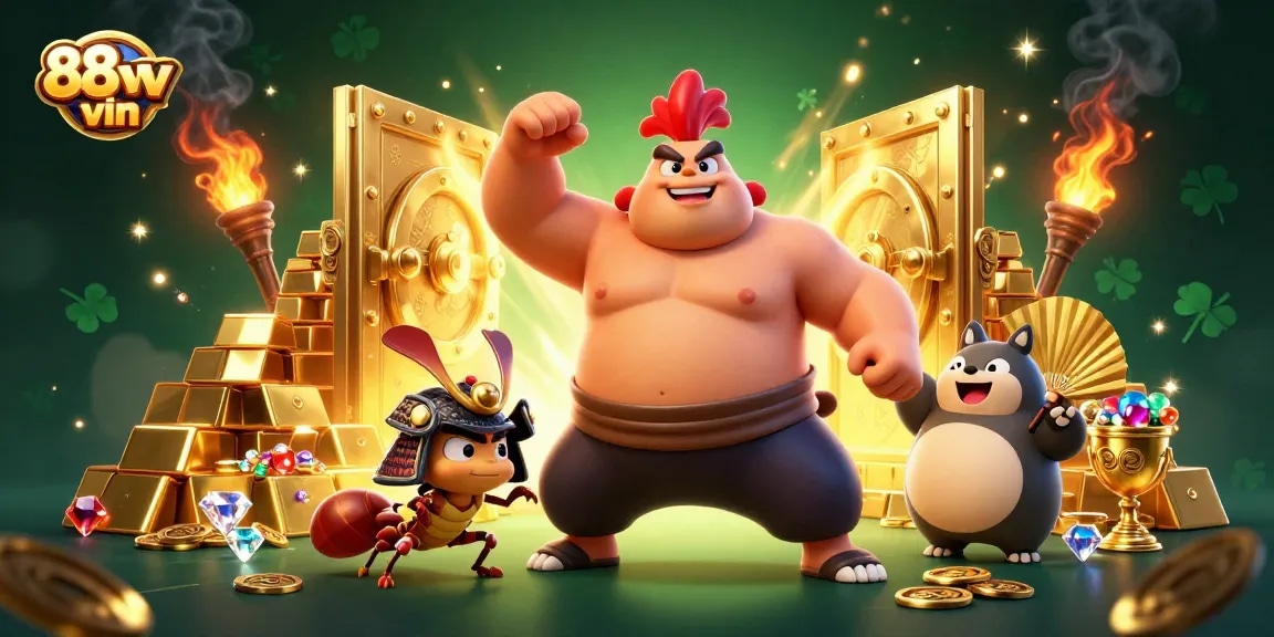 Experience thrilling gaming at 88vv vin with a powerful sumo rooster and samurai cricket amidst treasures.