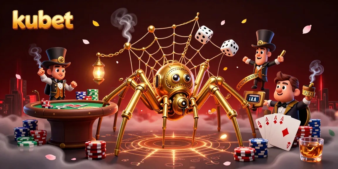 Kubet-themed casino scene showcasing a steampunk spider, poker elements, and a whimsical fly gentleman.