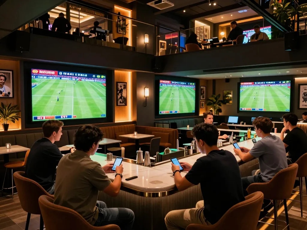 Betting on GO8 football matches in a vibrant sports lounge.