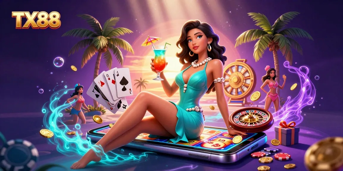 Experience the excitement of TX88 with vibrant slot games and dynamic casino elements in a tropical setting.