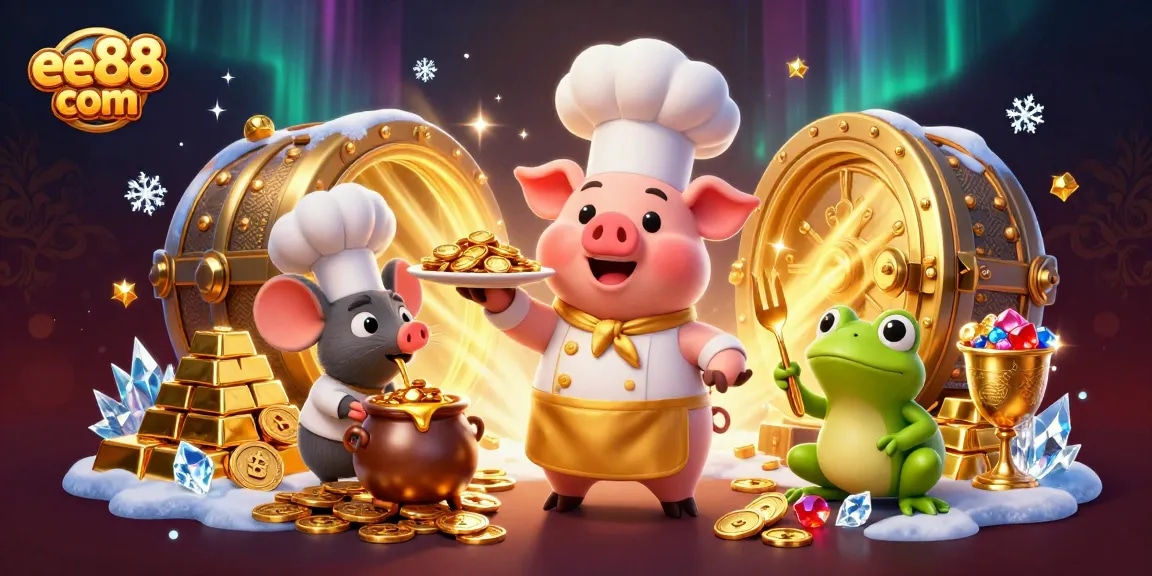 Play at ee88 com with a vibrant 3D casino illustration of characters and rich game elements.