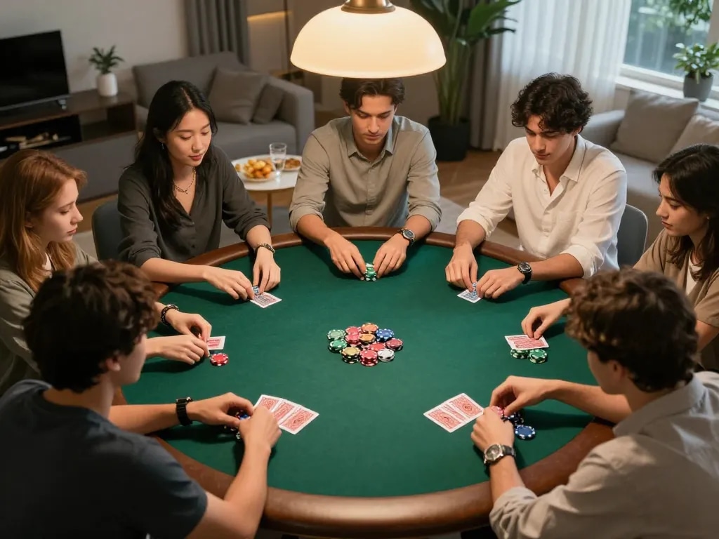 Friends engaging in poker session at home with LODE88, showcasing strategic gameplay and social bonding.