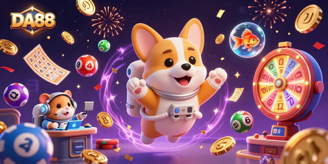 Play thrilling games at DA88, where colorful lottery balls and golden coins create an exciting atmosphere.