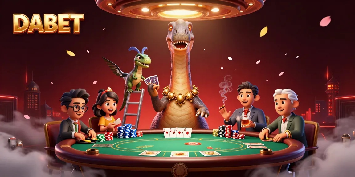 DABET offers a vibrant 3D casino scene with a towering brontosaurus overseeing an exciting poker game.