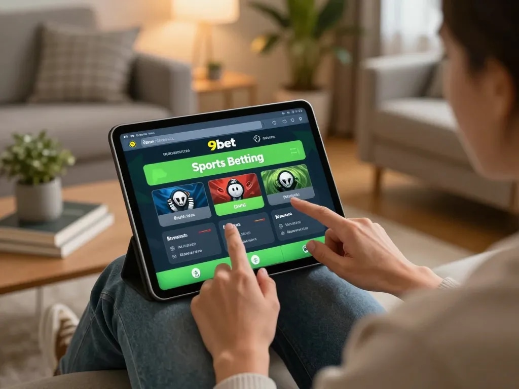 Engaged user exploring the 9bet app for sports betting in a cozy home setup.