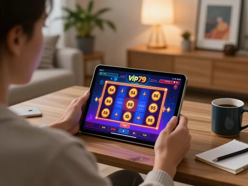 Engaging online gaming at vip79 casino app, featuring tablet slot game action.