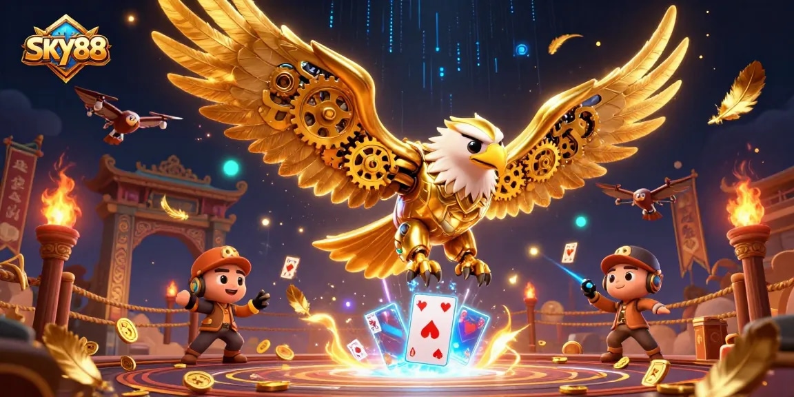 Experience thrilling gameplay with SKY88's dynamic 3D gaming illustration featuring golden eagle and holographic cards.
