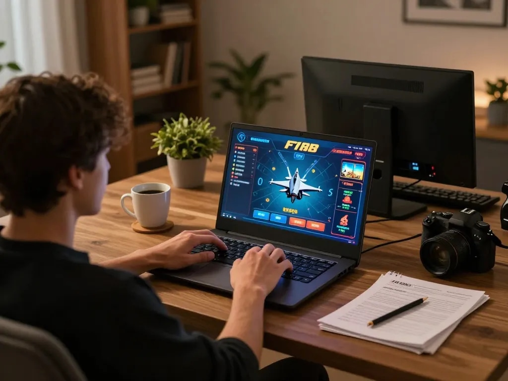 Enjoying F168 live dealer games in a cozy home setting with a laptop and strategy notes