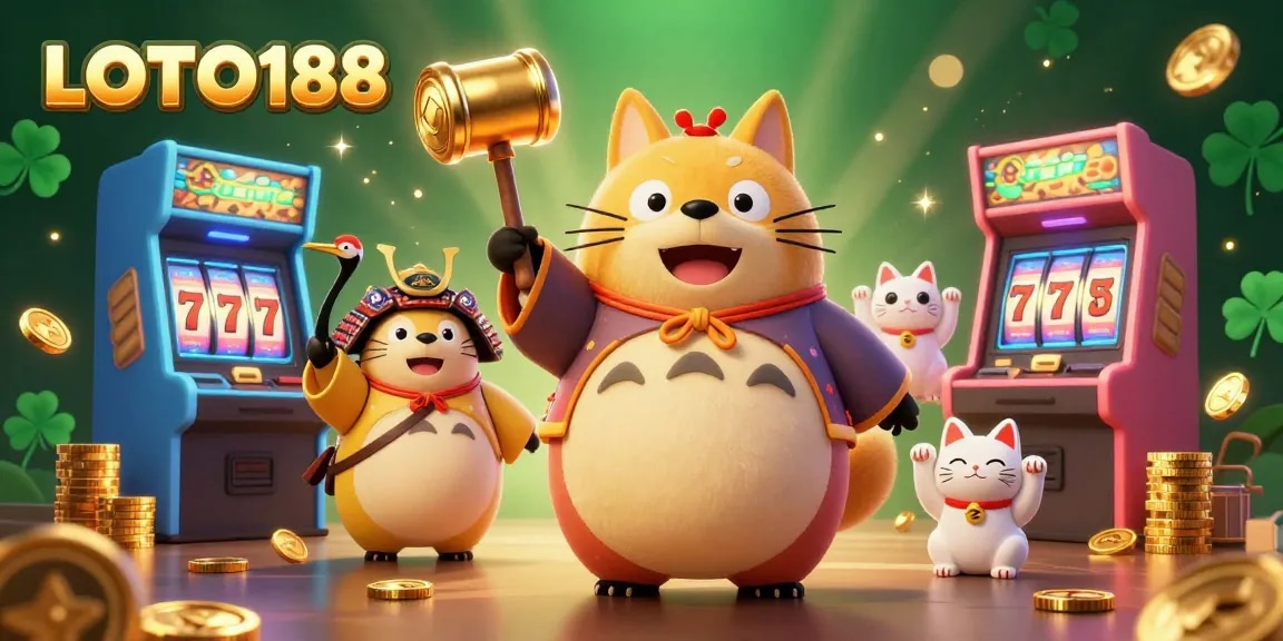 Experience LOTO188's vibrant gambling scene with a cheerful tanuki, arcade themes, and golden coins.